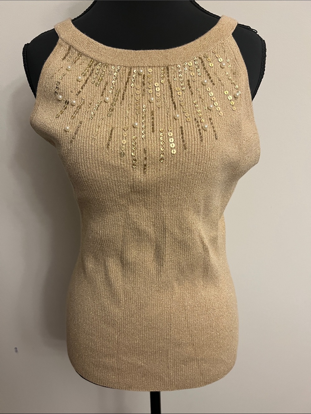 Cache Gold Metallic Tank Top with Sequin & Pearl Accents